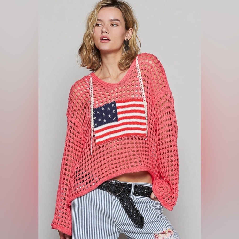 NEW POL Oversized Peach Echo Crochet Sweater with American Flag Design Size Sm